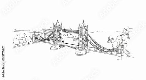 Detailed line drawing of a famous iconic bridge spanning a river with boats