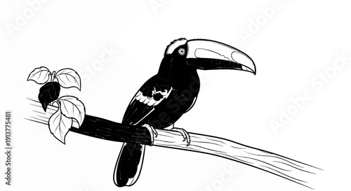 Detailed sketch of a toucan with large beak perched on a branch