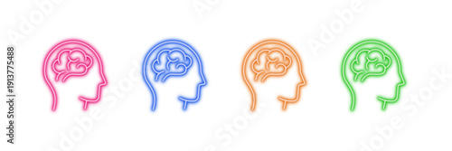 Neon glowing human brain vector icons set, intelligence, thought, mind, idea, creativity, psychology, vibrant colorful digital design illustration on transparent  background.