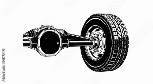 Detailed black and white illustration of a vehicle's rear axle assembly and tire