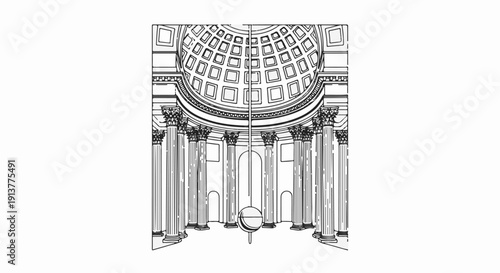 Detailed line drawing of a grand dome interior with columns and a pendulum