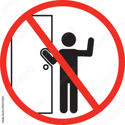 No knocking on door sign with person silhouette and door in red circle forbidden warning icon