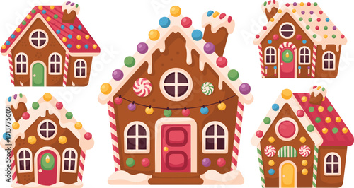 Whimsical gingerbread house vector collection with colorful candy decorations, icing covered roofs, festive holiday cottages, cozy Christmas sweet homes for seasonal packaging