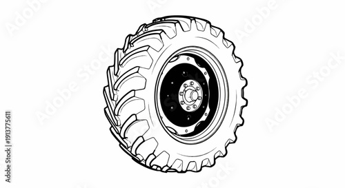 Detailed line drawing of a large tractor tire with a robust tread pattern