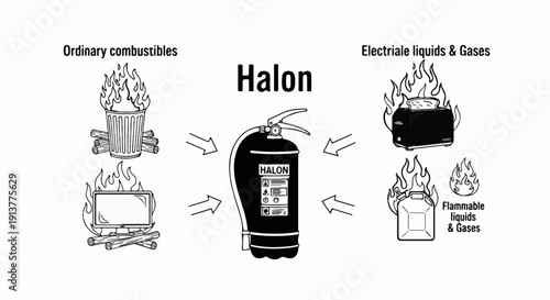 Diagram showing a fire extinguisher and different types of fires