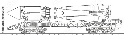 Detailed line drawing of a multi-stage rocket on a railway transport vehicle