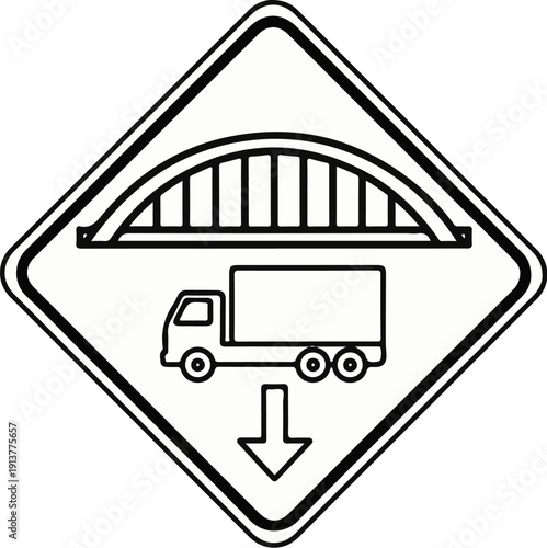 Diamond-shaped warning sign depicting a truck passing under a bridge