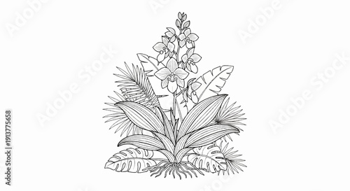 Delicate line art sketch of a vibrant tropical floral arrangement