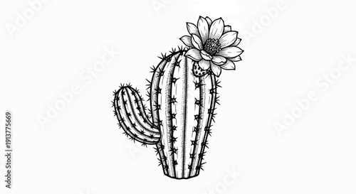 Detailed black and white ink sketch of a saguaro cactus with a single blooming flower