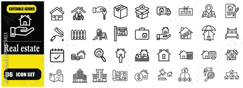 Real Estate Line Icon Set – Editable Stroke House, Property, Realtor, Deal, For Sale, Purchase, Renting, Home Loan, Mortgage and Investment Linear Icons for Web, App, UI, UX, Business and Property Des