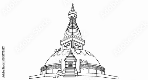 Detailed black and white line drawing of a large stupa with Buddha eyes and several monkeys