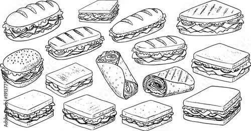 Hand-drawn set of various sandwiches, burgers, and wraps. Black and white outline food illustrations for menus, fast food designs, or healthy eating concepts.