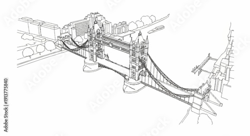 Detailed line drawing of an iconic bridge with towers and suspension spans over water