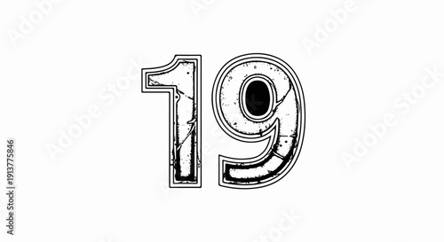 Distressed, grunge-style font numeral 19, outlined and textured