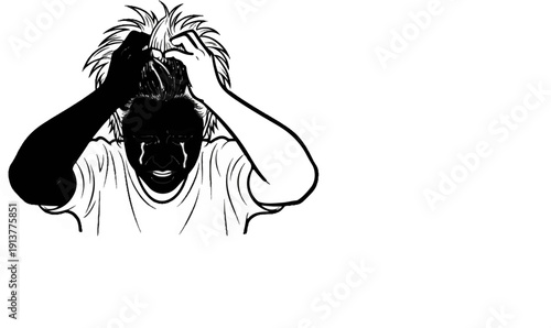 Distressed person with dark face, tears streaming, pulling hair in agony