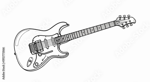 Detailed black and white line drawing of a modern electric guitar