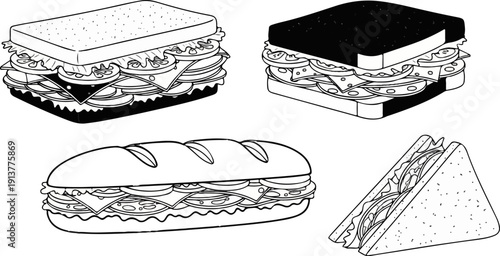 Detailed line drawings of four assorted sandwiches with various fillings shown