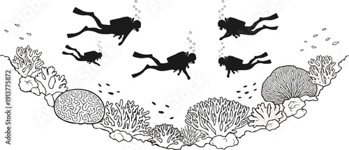 Divers explore colorful coral reef teeming with small fish