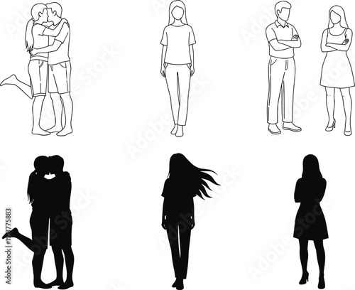Vector line art and silhouettes of a romantic couple kissing and individual men and women in various standing poses isolated