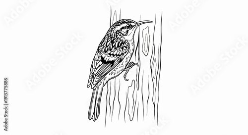 Detailed black and white line drawing of a small bird with a curved beak clinging to tree bark