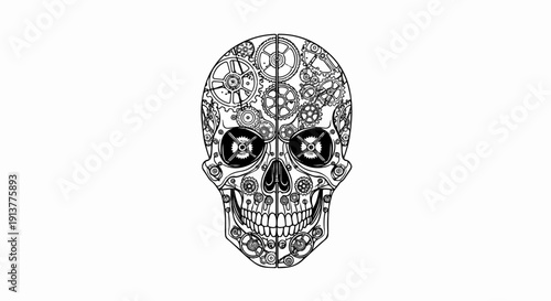 Detailed mechanical skull illustration with intricate gears and clockwork mechanisms