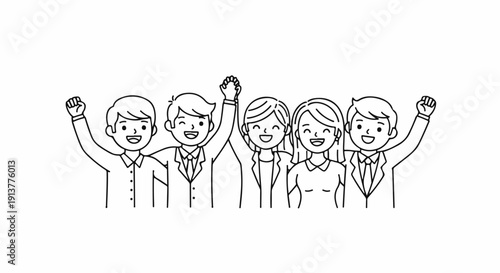 Diverse group of five people in formal attire celebrating together, arms raised