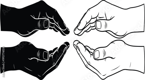 Cupped hands vector illustration, black and white line art, protective palms gestures, security and support icons, care concept, charity symbols.