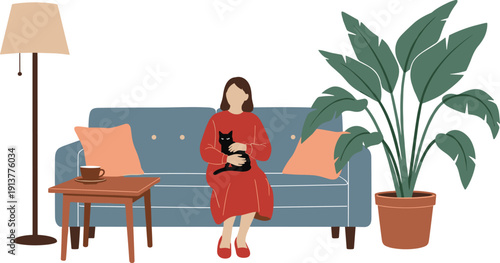 Flat vector illustration of a woman sitting on a blue sofa holding a black cat in a cozy living room