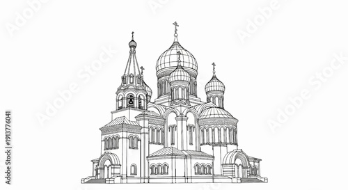 Detailed black and white sketch of a grand cathedral with multiple domes