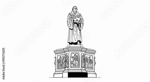 Detailed illustration of a historical male figure on a sculpted pedestal