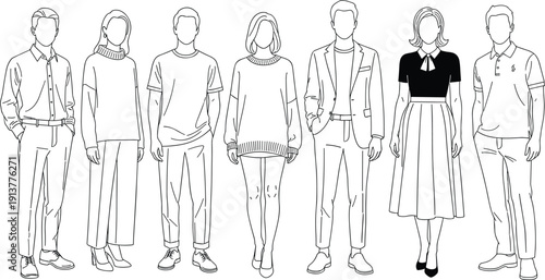 Modern vector line art of men and women wearing professional business attire formal suits and smart casual office clothing sets