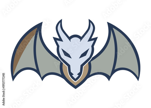 A stylized illustration of a mythical creature with wings and horns from a front viewpoint