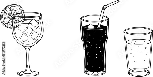 Beverages: Illustrated Lemonade, Soda, and Water in Glasses (Line Art)