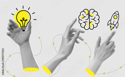 Halftone Hands Interacting with Light Bulb, Brain, and Rocket Icons Representing Creativity, Intelligence, and Progress,collage elements cut out from paper