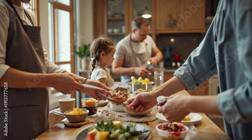 Family Gathering at Wooden Dining Table with Home-cooked Meal