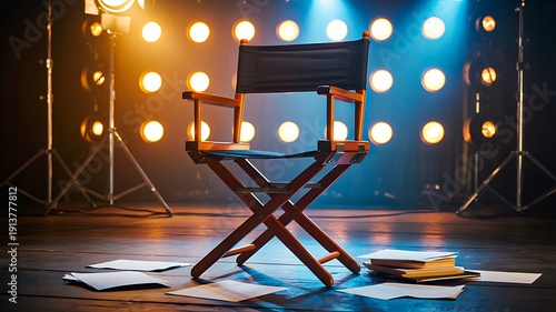 Directors chair on stage with spotlight and film production concept
