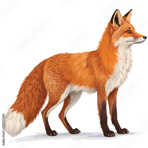 A realistic illustration of a red fox standing on a snowy surface