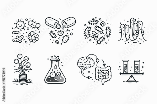 A collection of medical and scientific illustrations featuring bacteria, capsules, brains and other related elements