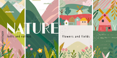 Colorful illustrated nature scenes with text overlays and floral elements