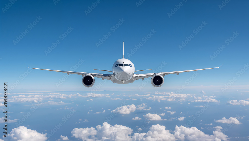 Fototapeta premium Front view of a modern commercial airplane flying high above fluffy clouds in a clear blue sky