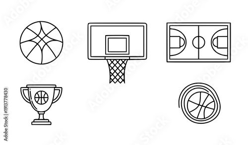 Basketball Outline Icon Set Minimal Sport Ball and Logo Vector Symbols on White Background
