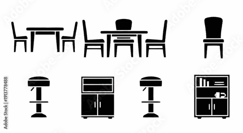 Collection of modern furniture illustrations including chairs, tables, stools, and a cabinet from various viewpoints