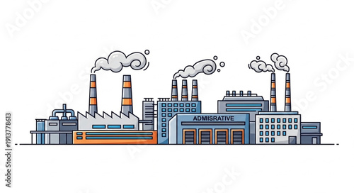 Industrial factory complex with smoking chimneys and buildings.