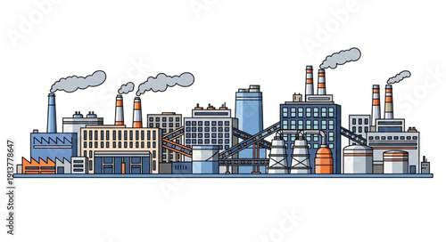 Industrial factory complex with smoking chimneys and buildings.