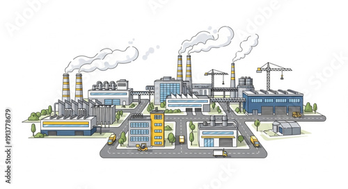 Industrial factory complex with smoking chimneys and buildings illustration.