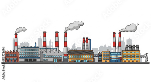 Industrial factory complex with smoking chimneys and buildings.