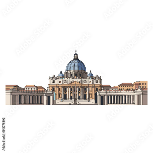 A detailed vector illustration of St. Peter's Basilica and Saint Peter's Square in Vatican City, showcasing classic European religious architecture and iconic historical landmark