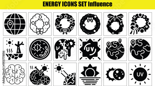 Modern, clean energy icon set featuring solar panels, wind turbines, batteries, lightning bolts, and eco symbols. Perfect for apps, websites, infographics, and sustainability branding. Scalable vector