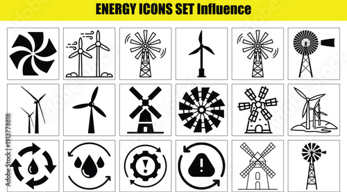 Modern, clean energy icon set featuring solar panels, wind turbines, batteries, lightning bolts, and eco symbols. Perfect for apps, websites, infographics, and sustainability branding. Scalable vector