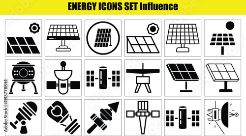 Modern, clean energy icon set featuring solar panels, wind turbines, batteries, lightning bolts, and eco symbols. Perfect for apps, websites, infographics, and sustainability branding. Scalable vector